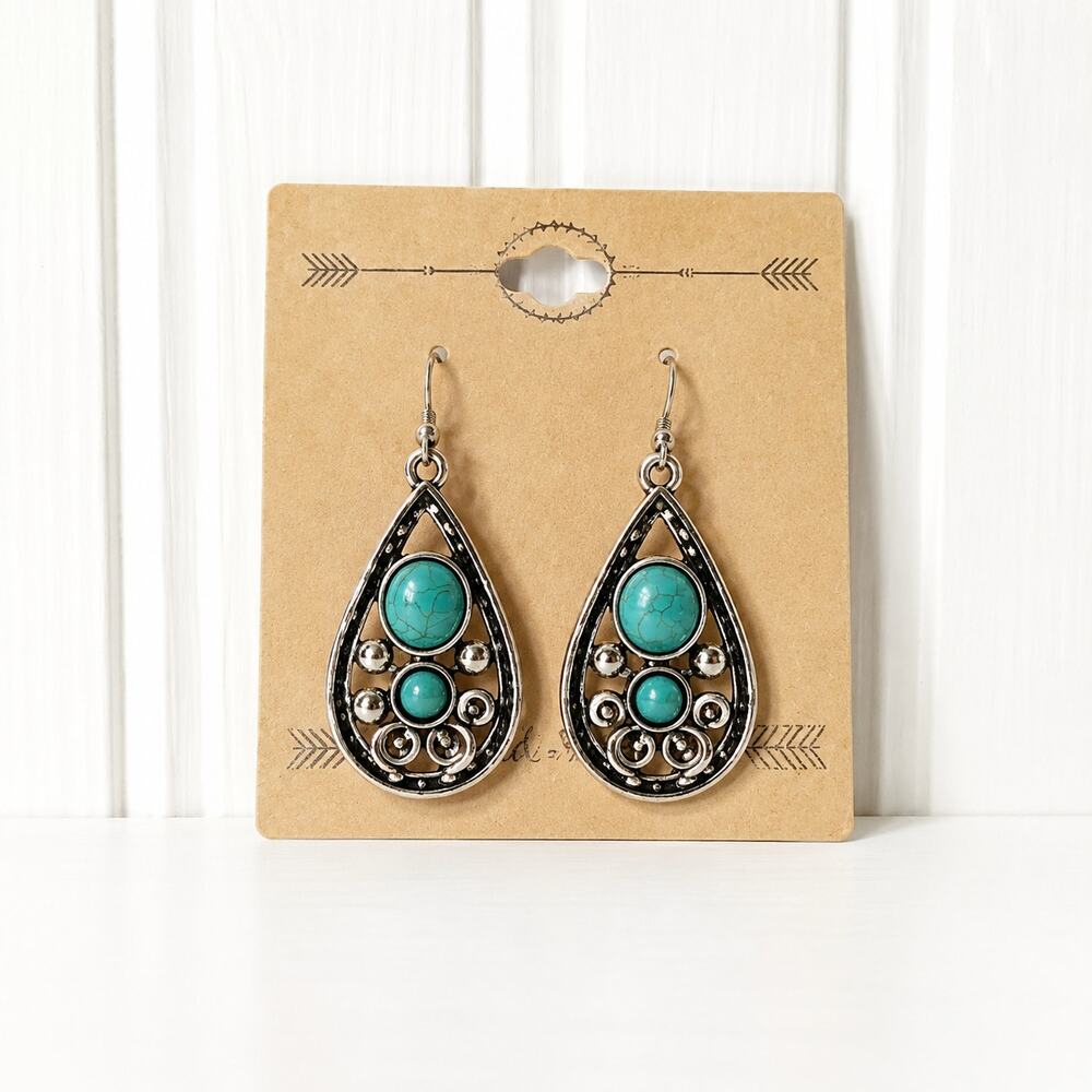 Wild & Free Turquoise Faux Teardrop Dangle Earrings Silver Tone Filigree Hook